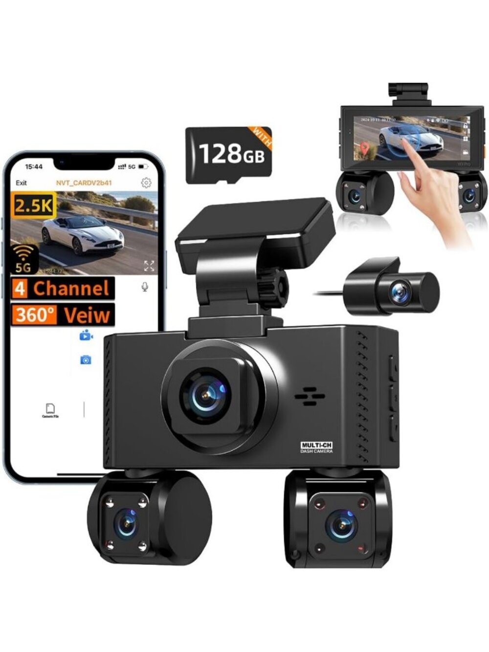 360° View Dash Cam with Night Vision, 2.5K QHD, Touch Screen, G-Sensor, 24H
